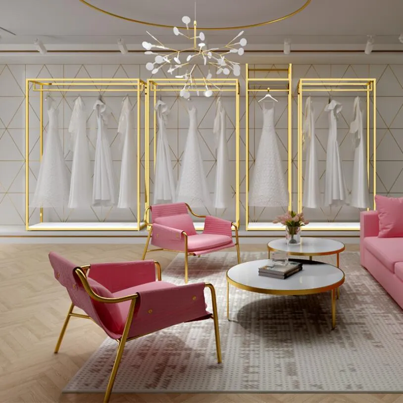 Espositore Per Abiti Da Sposa Alto 230 Cm - Oro - Rack In Acciaio Con Base E Ripiano - Per Boutique E Negozi Di Abbigliamento