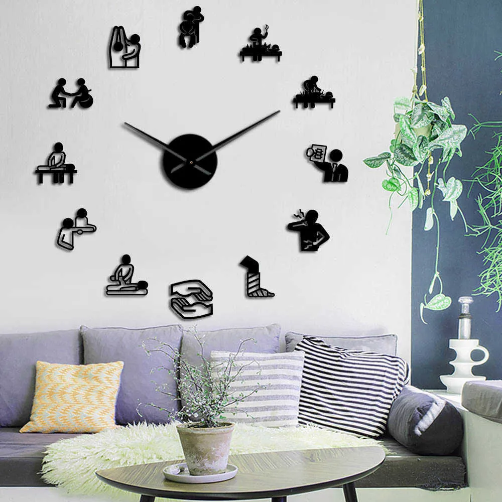 Fysiotherapie Osteopathie Grote DIY Wandklok Chiropractie Acupunctuur Massage Acryl Spiegel Stickers op de Muur Decor Horloge X0726