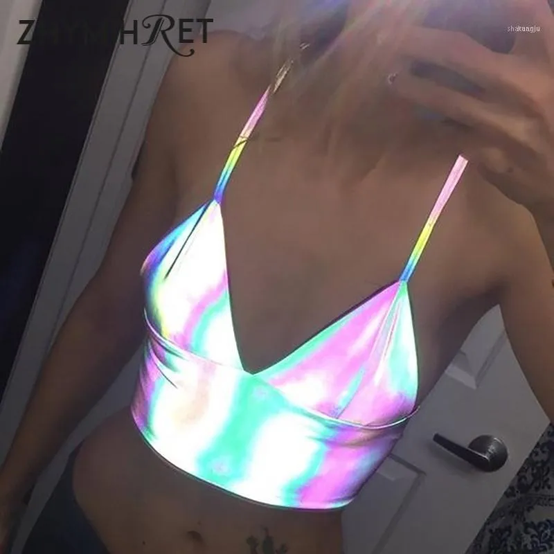 2021 Yaz Renkli Yansıtıcı Holografik Kırpma Üst Kadınlar Seksi V Boyun Tank Tops Haut Femme Camiseta Tirantes Mujer1