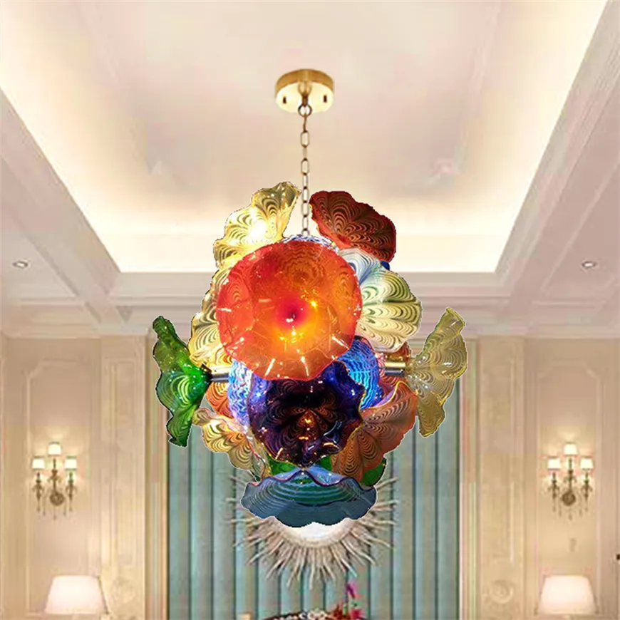 현대 창조적 인 펜던트 조명 꽃 플레이트 램프 홈 홈 부엌 장식 로비 계단 핸드 블로운 유리 샹들리에 LED 광원 D100cm