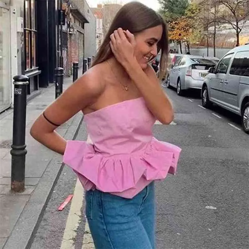 Hors épaule volants sans manches Crop Top Beach Party Club Sey Camis Cool Femmes Chic Street Casual Tops Rose Automne Hiver 210427