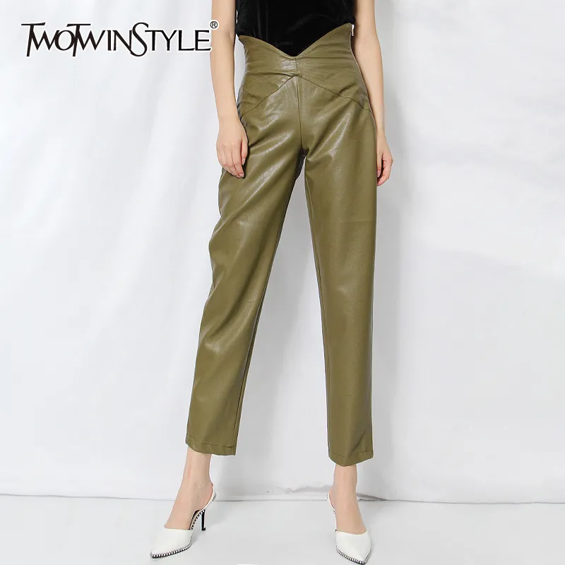 TWOTWINSTYLE pantalon en cuir décontracté pour femmes taille haute minimaliste grande taille pantalon ample femme mode nouveaux vêtements été 210319