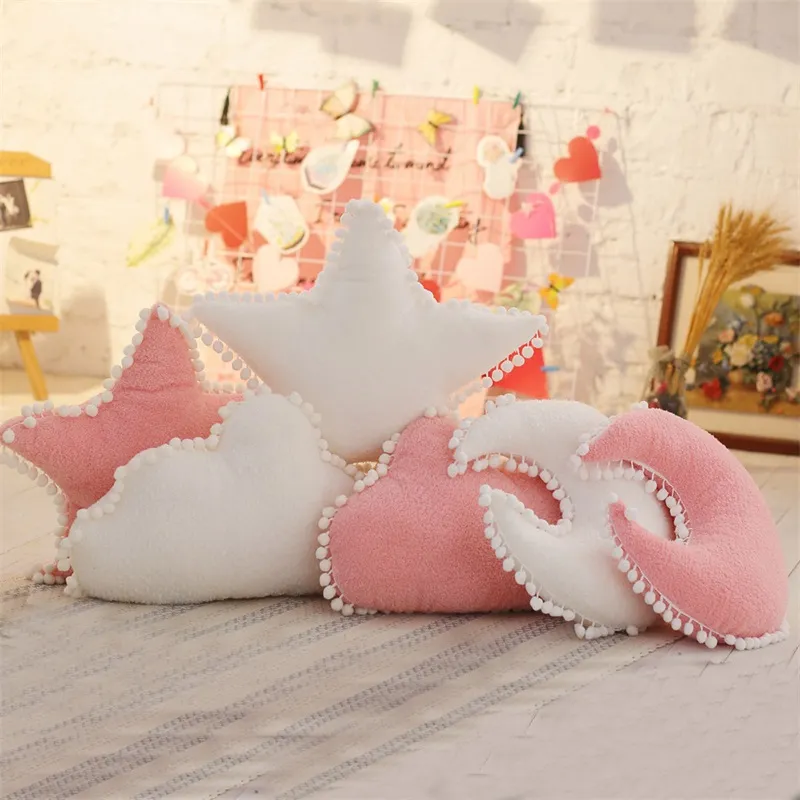 Cuscino in peluche a forma di nuvola Cuscino morbido farcito rosa bianco a forma di stella Cuscino luna per bambini Divano per bambini Decorazioni per la casa Cuscino per ragazze 2730 Y2