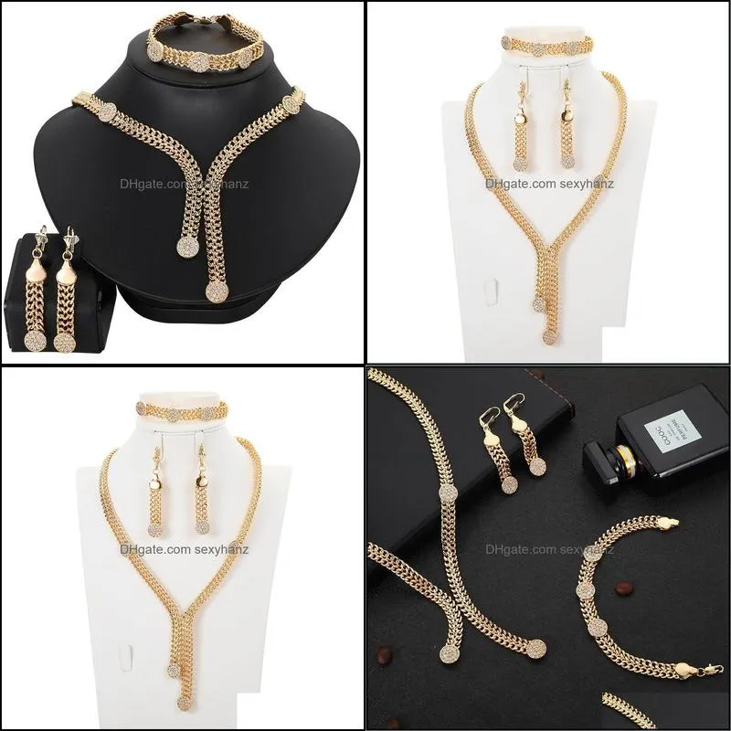 Earrings & Necklace Dubai Gold Jewelry Sets For Women African Bridal Wedding Gifts Party Long Ring Bracelet Set