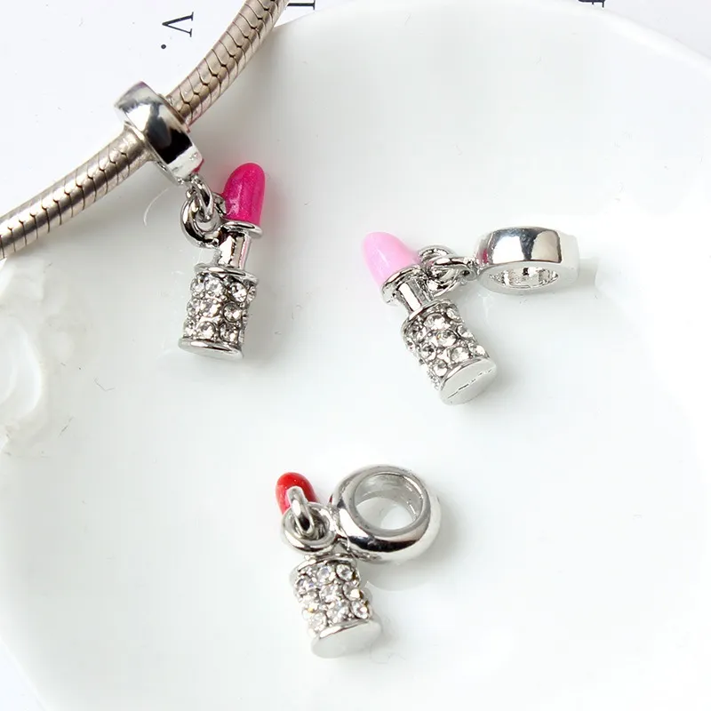 Se encaixa Pandora Pulseiras 20pcs Rosa Esmalte Vermelho Batom Dangle Silver Charms Bead Charm Beads para Atacado DIY Europeu Sterling Colar Jóias