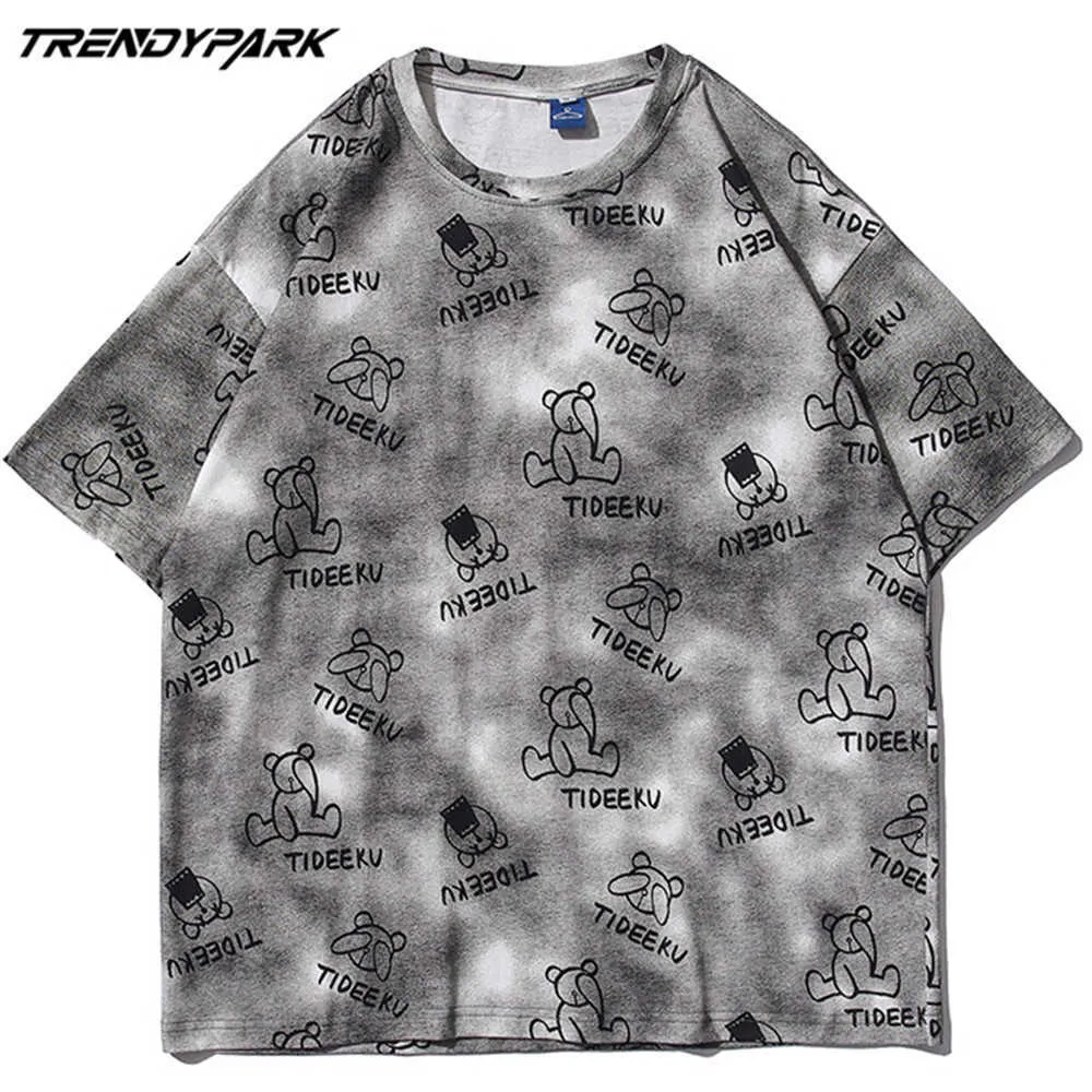 Men's Tie-dye T-shirt Summer Short Sleeve Bears Printed Hip Hop Oversized Cotton Casual Harajuku Streetwear Top Tshirts Clothing 210601