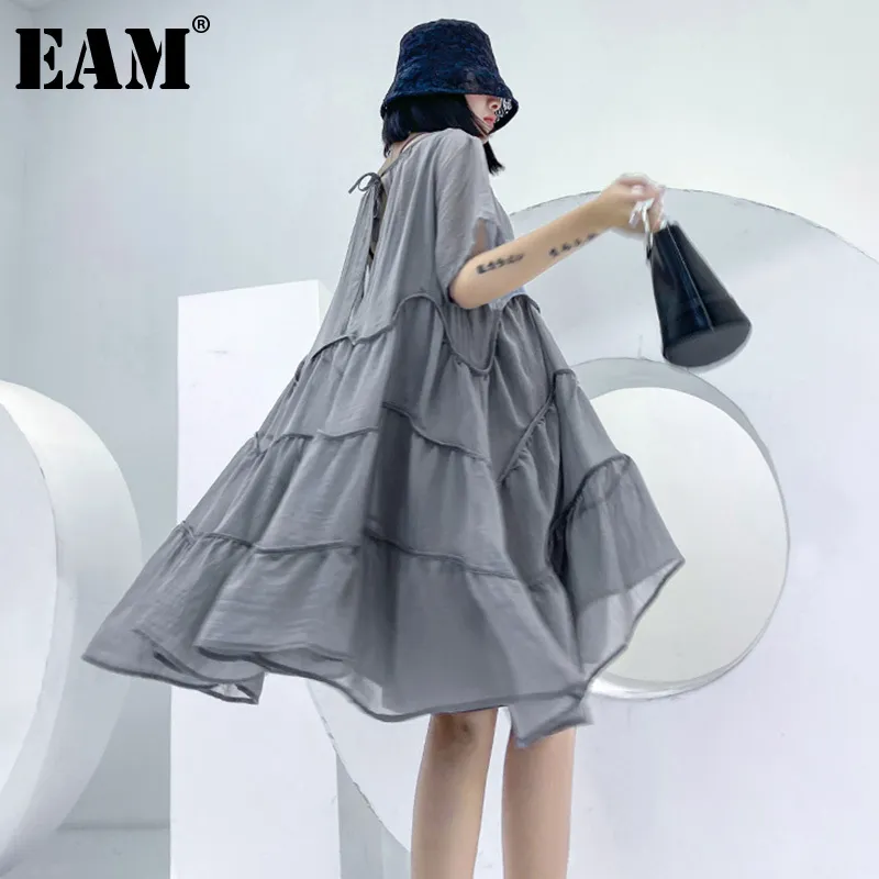 [EAM] Gray Chiffon Dress Two Pieces Suit Round Neck Short Sleeve Black Loose Women Fashion Spring Summer 1DD7979 21512