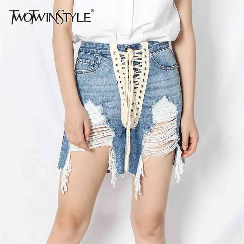 Pantalones cortos de mezclilla con borlas y agujeros para mujer, ropa de calle con lazo de cintura alta, moda de verano para mujer 210521