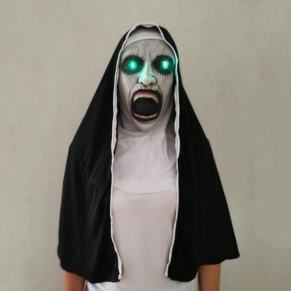 LED-skräck NUN Mask Cosplay Scary Valak Latex Masker med huvudduk LED Light Halloween Party Props Deluxe