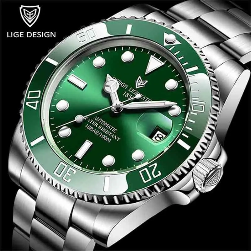 LIGE Watch Men Automatic Mechanical Clock Fashion Sport Diving 100ATM Waterproof Luminous es Mens 210804