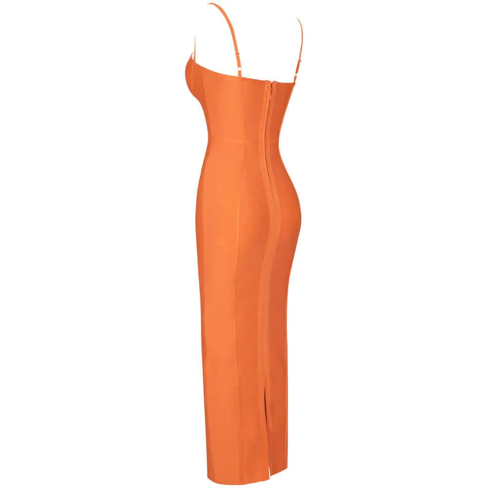 Bandage Dress Evening 2021 Sommar Kvinnors Lång Maxi Bodycon Dress Ribbed Orange Röd Svart Sexig Party Club Födelsedag Outfits Y0823