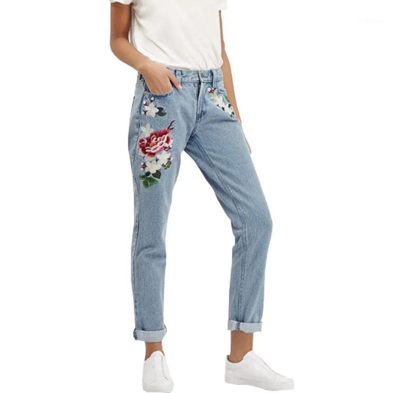 Jeans das mulheres Atacado - vintage cintura alta Mulheres Denim Flor Pants Designer bordado mais tamanho 2022