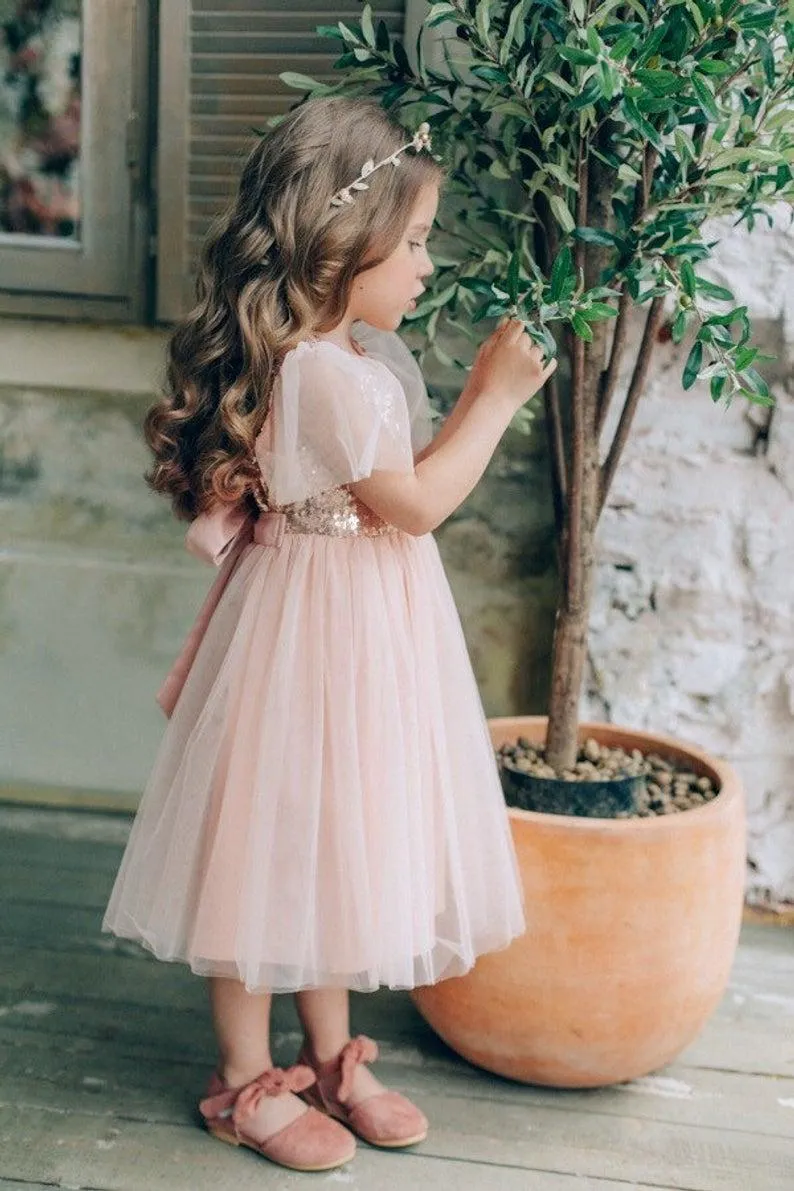 Cute Blush Pink Flower Girl Dresses Sparkly Tea-Length Birthday Party Pageant Gown Sequined Formal Wedding Dress179C