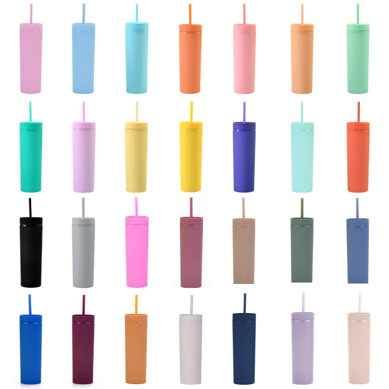 24 colori 16 once Bicchiere per tazza opaca Bicchieri in plastica acrilica sottile con coperchio in cannuccia Tazze da caffè da 500 ml Bicchieri in plastica a doppia parete smerigliati