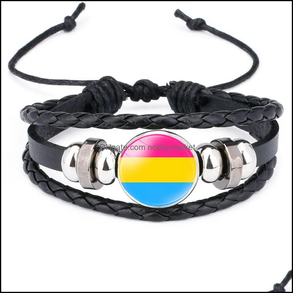 LGBT Gay Pride Leather Bracelet For Women Men Rainbow Glass Cabochon charm Braided rope Wrap Bangle Wristband Fashion Jewelry Gift