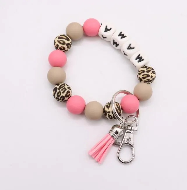 Party Favor MAMA Silicone Beads Bracelets Keyring Alloy Food Grade Wristbands Beech Tassel Keys Chain Pendant Leather Pendant Bracelet Jewelry de142