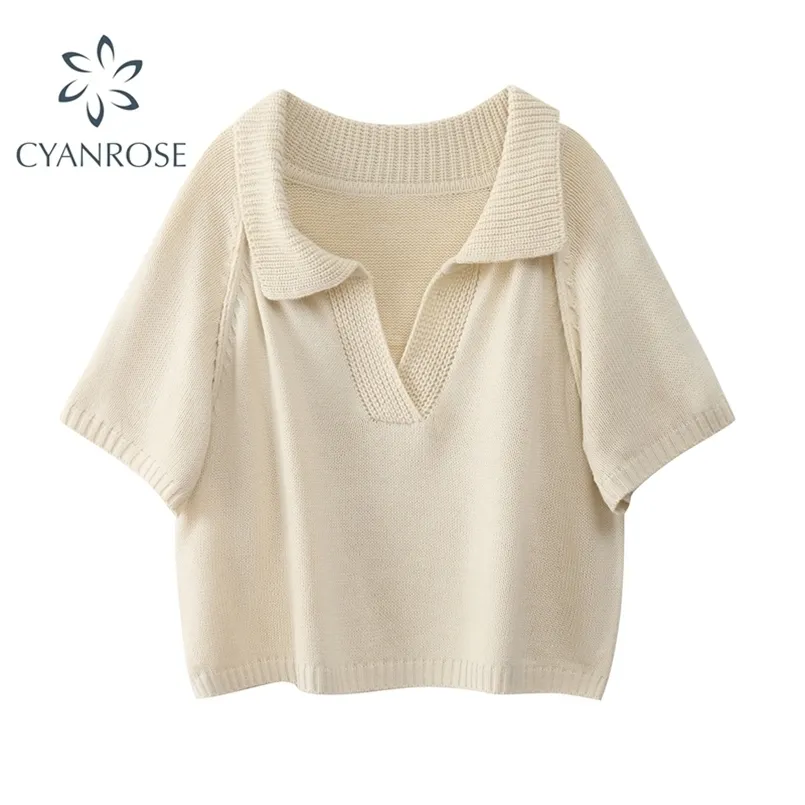 Vintage Korea Short Knitted Sweater Thin Pullovers Fashion Short Sleeve Summer Casual Female Crop Top Ropa Mujer 211103