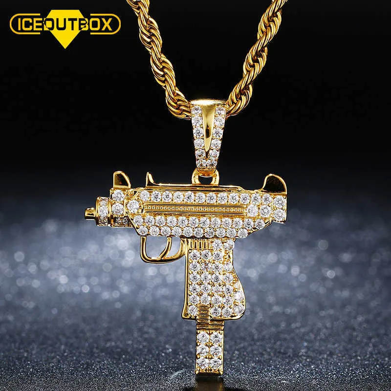 Cool Gothic Hip Hop UZI Kolye GUN Shape Pendant Necklace Gold Black Silver Color Army Style Male Chain Men Necklaces Jewelry X0707