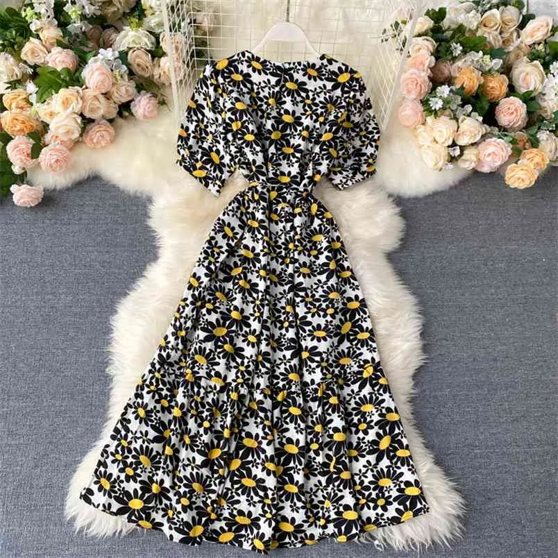 Damska sukienka kwiatowa Lato nadmorskie święto Ins Small Fresh Daisy Drukuj Lace Up Waist A-Line ML1024 210506