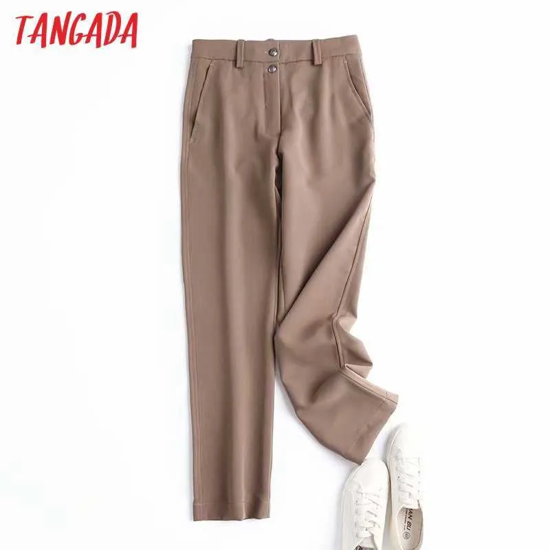 Tangada 패션 여성 우아한 카키색 정장 바지 바지 포켓 버튼 사무실 레이디 바지 Pantalon 4C22 210609