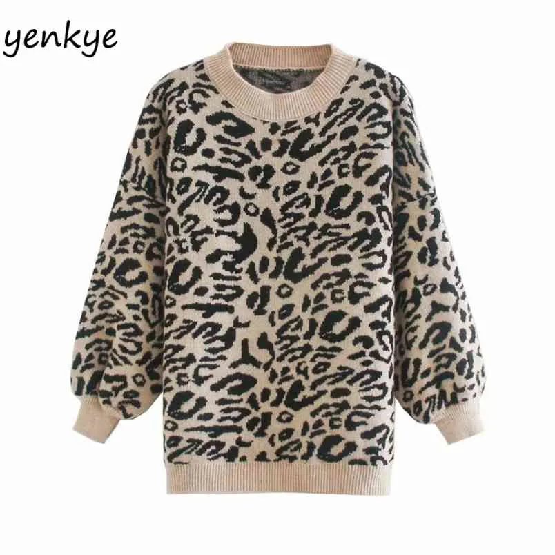 Mode Kvinnor Vintage Leopard Sweater Kvinna Lantern Sleeve O Neck Casual Pullover Höst Tröjor Plus Size Jumper Tops 210514