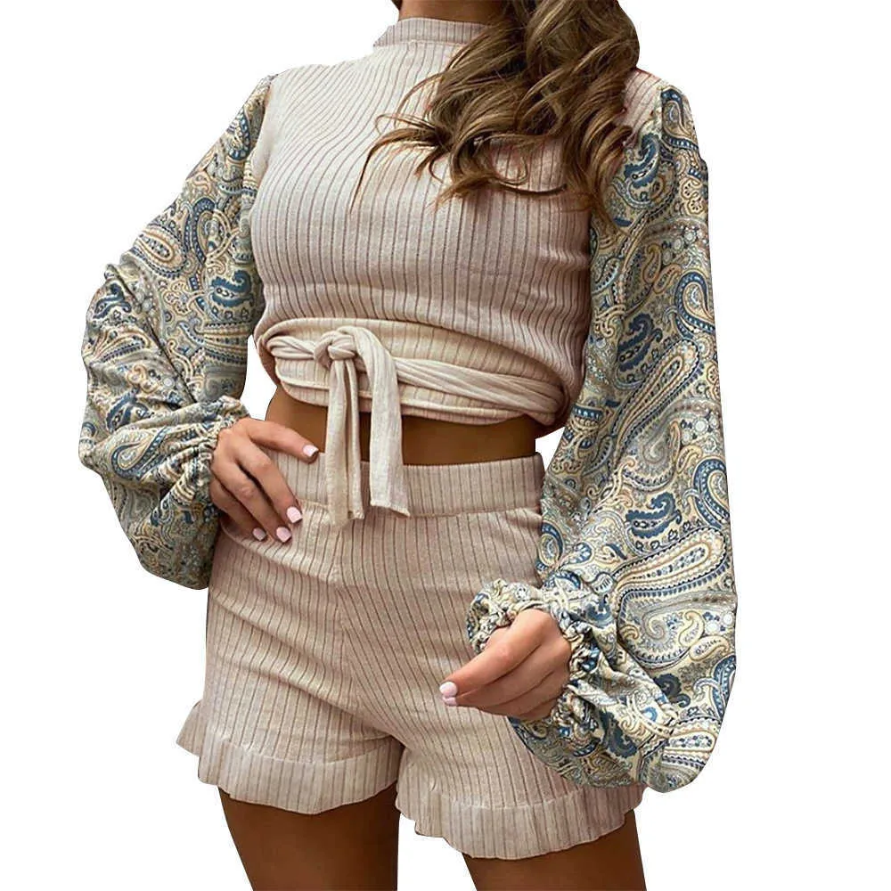 Women 2 Pieces Sets Casual O-Neck Patchwork Print Lantern Sleeve Bandage Short Tops+High Waist Ruffles Slim Shorts Female Suits 210526