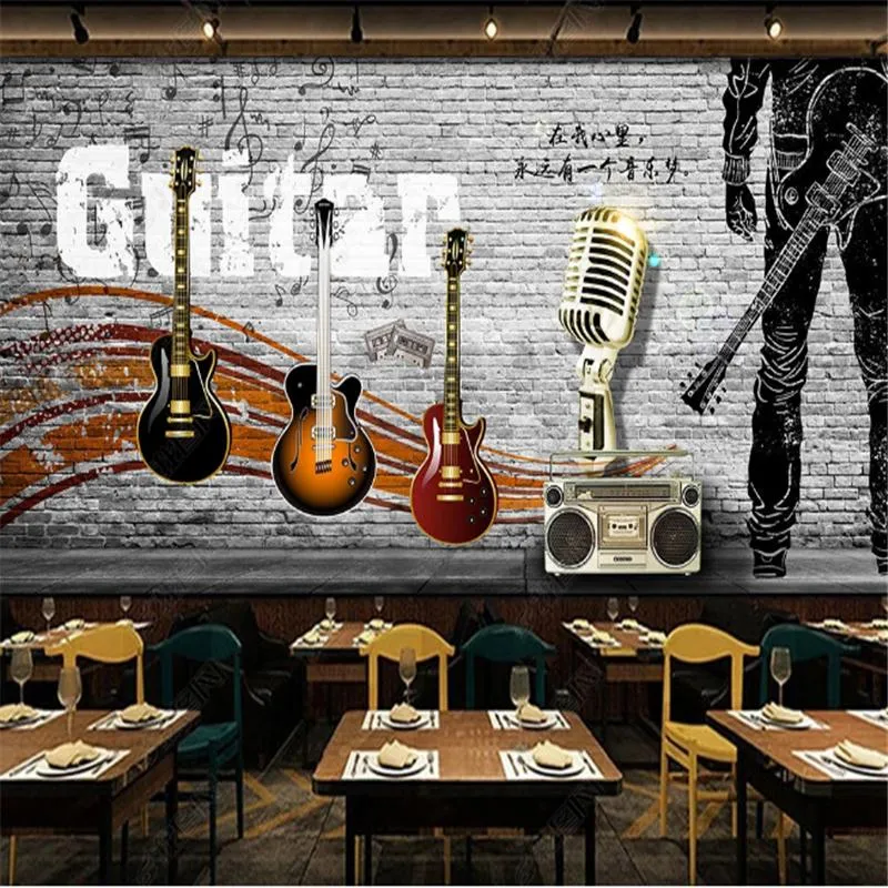 Papéis de parede pintados à mão guitarra de música Industrial Decoration pintando KTV Bar Tooling Background Wall Paper Murais