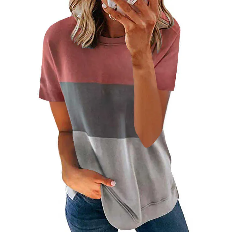 女性Tシャツ半袖婦人服サマートップス女性ソリッドパッチワークラウンドネックカジュアルソフト薄型緩い女性Tシャツx0628