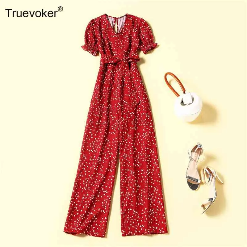 Truevoker Runway Designer Red Print Jumpsuit Mujer High Street Fashion Con cuello en V Cintura atada Pierna ancha Mujer Long Overall 210602