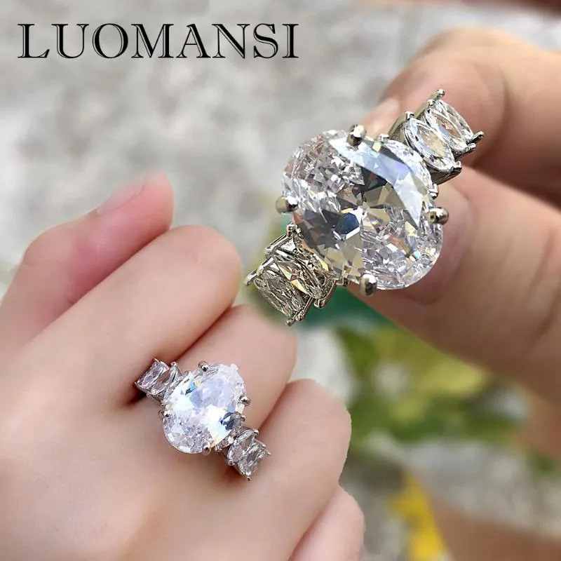 Anelli di gioielli in argento Luomansi S925 Anello di fidanzamento con diamante ovale di lusso di grandi dimensioni Super Fash per le donne Cluster