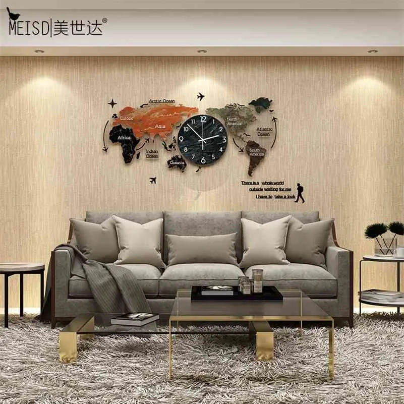 Meisd plus grande carte du monde bois horloge créative design moderne bricolage miroir autocollant suspendu montre quartz muet salon 210325