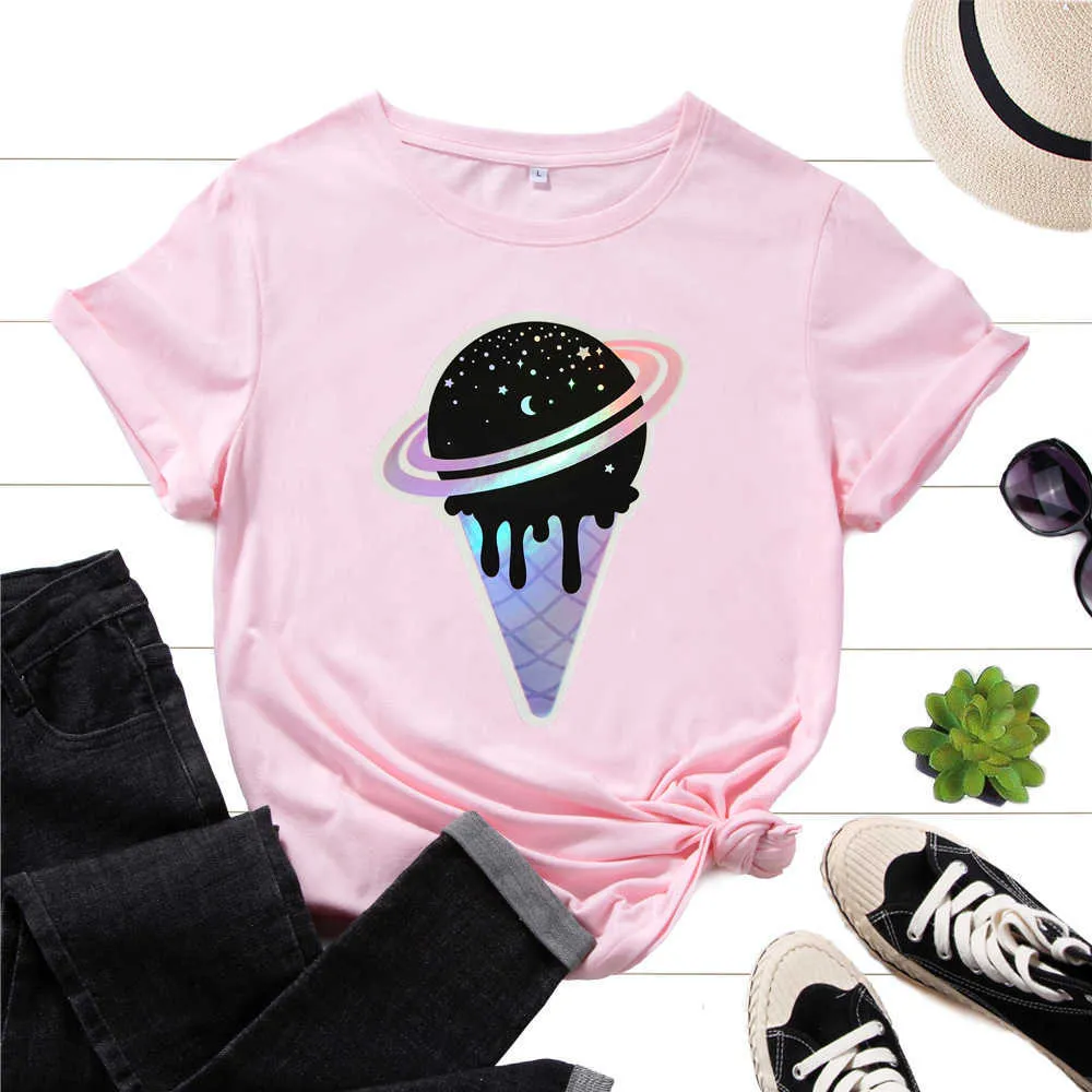 Cotton T-Shirts for Women Graphic Tees Printed Shirt Short Sleeve Summer Tops Casual Clothes Ice Cream Planet Galaxy Stars Moon Y0621