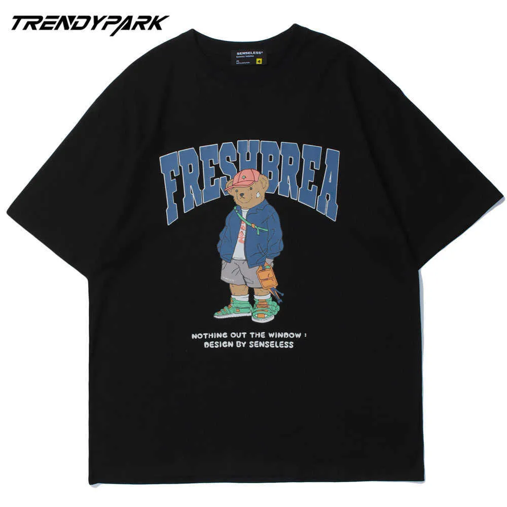 Men's T-shirt Boy Bear Printed Summer Short Sleeve Hip Hop Oversize Cotton Casual Harajuku Streetwear Top Tshirts Clothing 210601