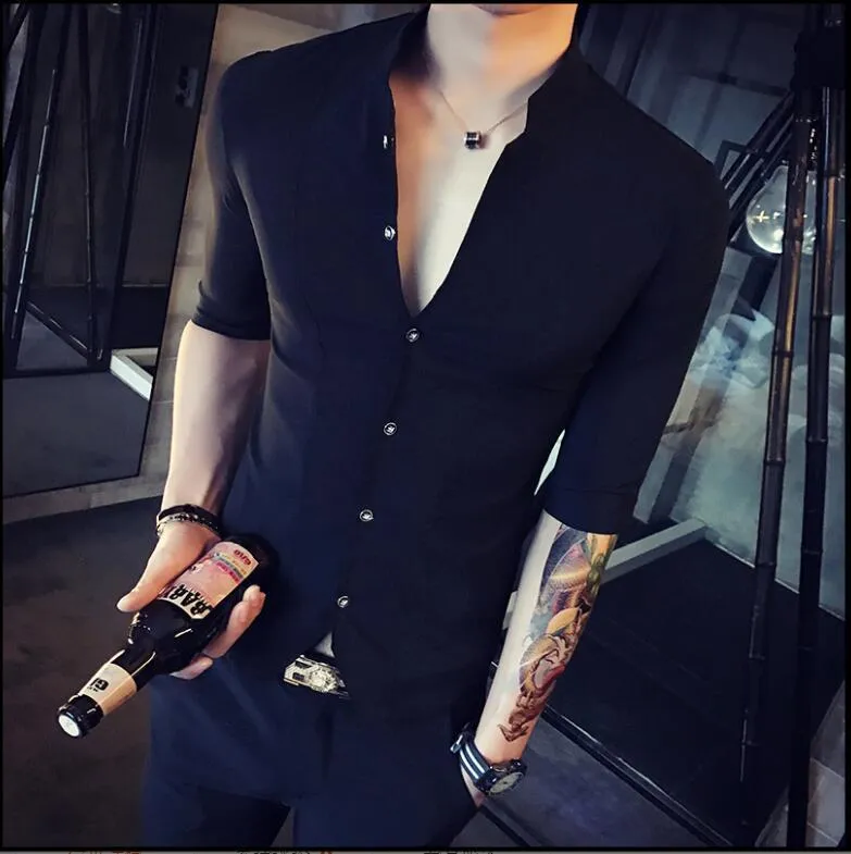 Hommes vestes hommes chemises col montant Style chinois chemise Slim Fit corée vêtements demi manches 2021 été Designer Club solide