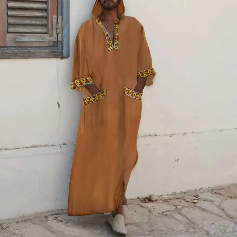 Men Muslim Islamic Kaftan Arabic Hooded Long Sleeve Print Patchwork Caftan Dubai Abaya Vintage Middle East Jubba Thobe Ethnic Clothing