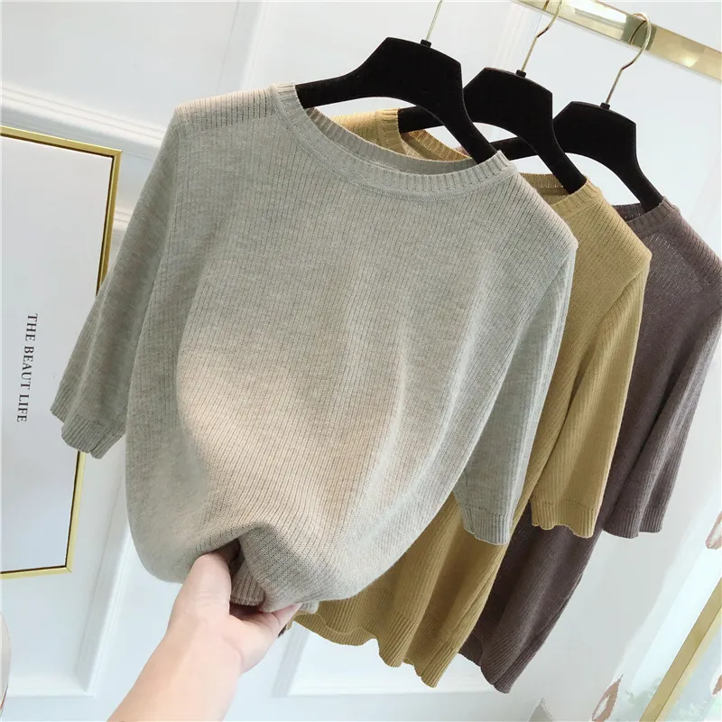 Summer Solid O-neck Short Sleeve Knit Tshirt Simple All Match Knitted Tops Women Soft Ropa Mujer 210514