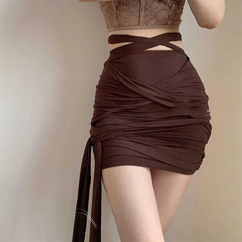 Womengaga High Waist Cross Winding Buttocks Bandage Tassel Solid Färg Mode Mini Skirt Kort Kjolar Sexig Tjej H5Q8 210603