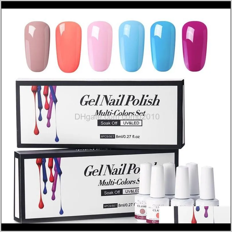 graear nail polish set 10 sets different colors 6pcs/set solid color 8ml uv nail gel polish top coat base coat