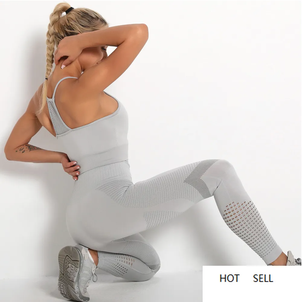 Striped Hollow Out Seamless Yoga Set Women Sports Fitness Vest Leggings Gym Suit Fitness