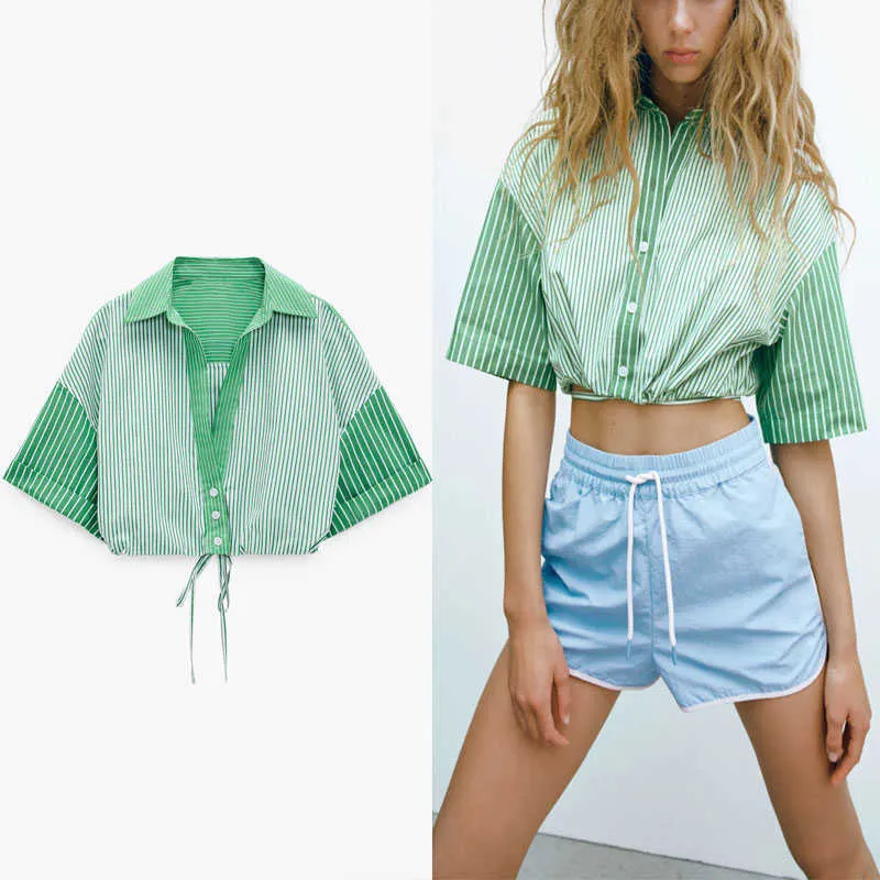Za Green Striped Shirt Women Vintage Short Sleeve Cropped Shirts Adjustable Tie Elastic Hem Top Female Patchwork Blouse 210602