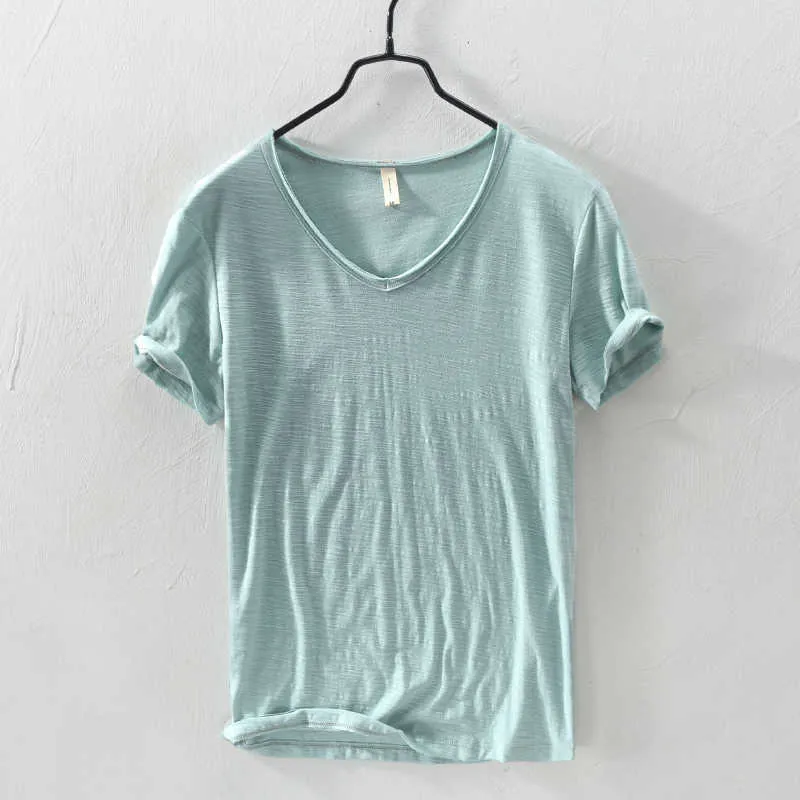 Summer 100% Cotton T-shirt Men V-neck Solid Color Casual T Shirt Basic Tees Plus Size Short Sleeve Tops Y2449 210706