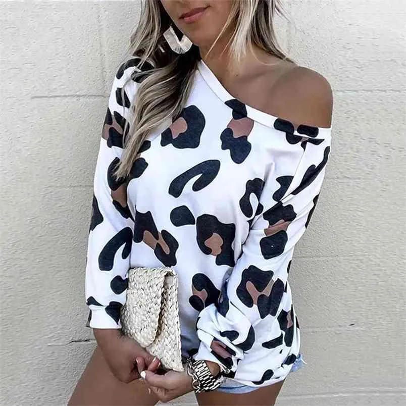 Mulheres Leopard Imprimir T-shirt Easy Tops Off-ombro Manga Longa O Pescoço Outono Loxo T-shirt Fêmea Casual Streetwear Home 210517