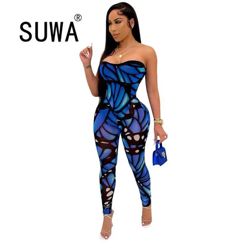 Trendy Chic Tie Dye Summer Dames Jumpsuits Romper Bodycon Playsuit Hoge Taille Skinny Classic Potlood Broek 210525