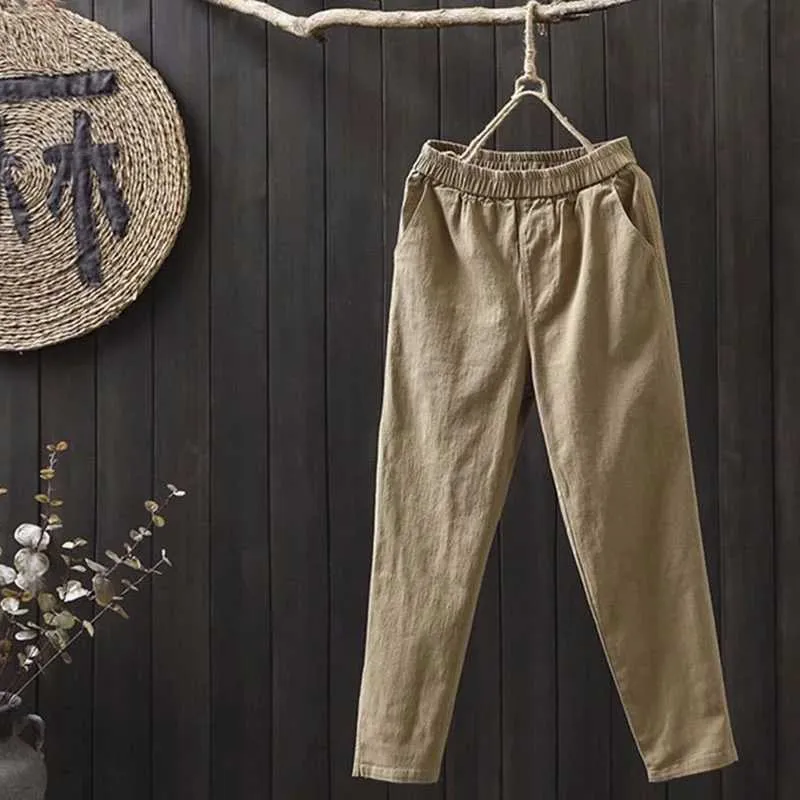 Aransue Cotton Spring And Summer Thin Harem Pantalons Women's Literature ELastic Waist Casual Ankle Pants Q0801