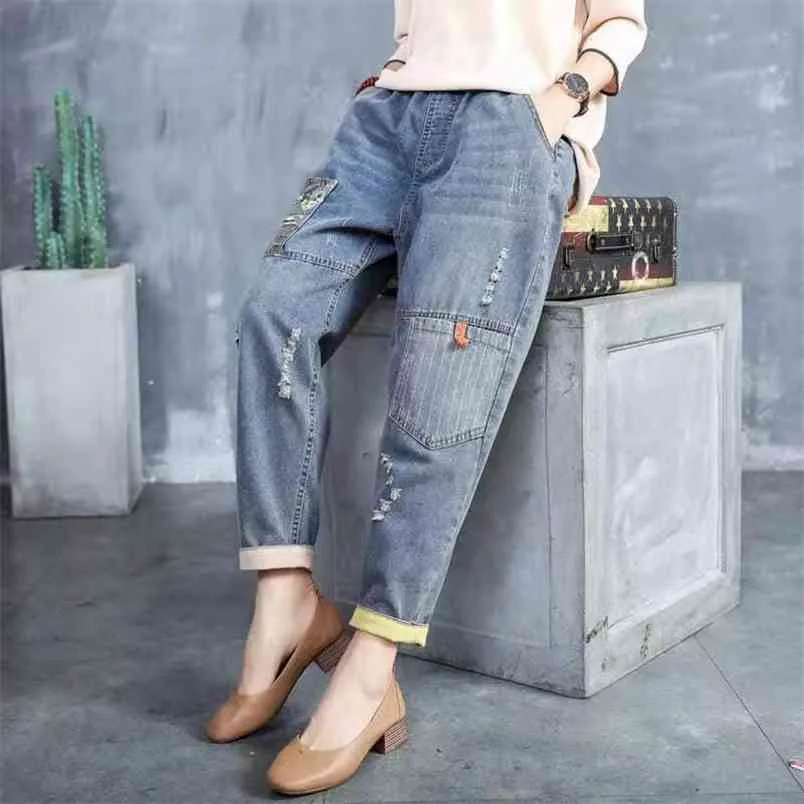 Spring Arts Style Kobiety Luźne Dorywczo Elastyczne Talia Ripped Jeans Wszystkie Dopasowane Bawełniane Denim Patchwork W14 210512