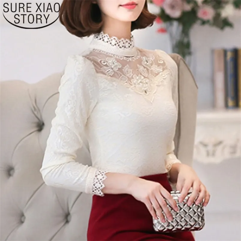 Autumn Fashion Women Tops and Blouses Long Sleeve Stand Collar Clothing Casual Lace Solid 5661 50 210506