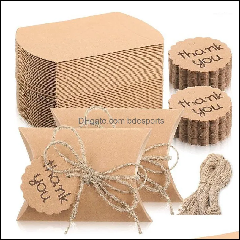 Gift Wrap Event & Party Supplies Festive Home Garden 150 Pieces Kraft Paper Pillow Box Kit Candy Wedding Favor With Thank You Tag And Twines