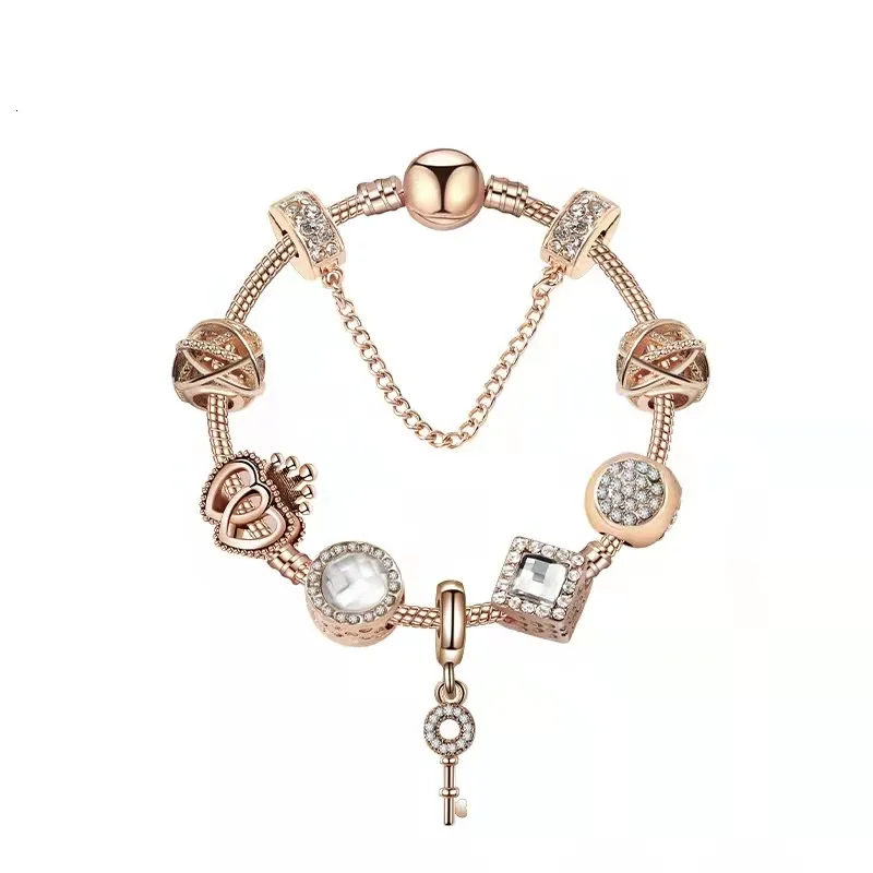 18 19 20cm Magic Charm Pärlor Rose Guldsträngar Multi Strand Beaded Armband 925 Silver Plated Snake Chain Key Pendant som en DIY smycken gåva