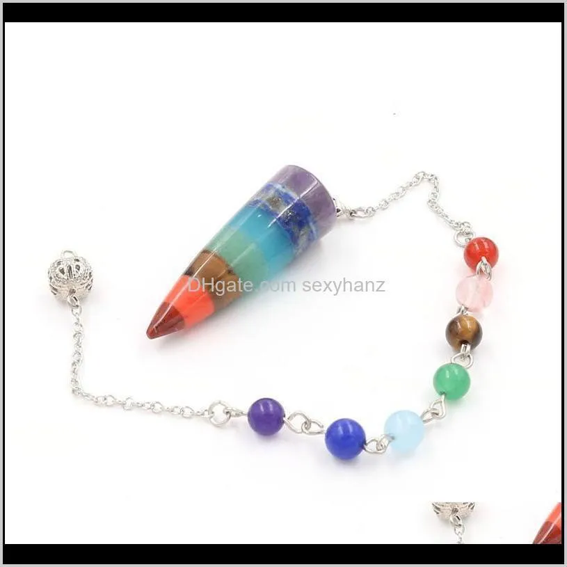 Rainbow 7 Chakra Natural Gem Stone Beads Chain Hexagon Prism Pendulum Reiki Charm Healing Layered Dowsing Pendant Jewelr qylqxb