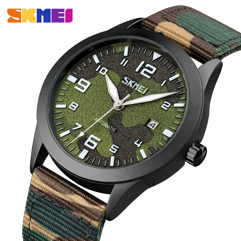 Skmei Miliary Automatic Mens Horloges Lichtgevende Nylon Strap Mannen Mechanische Horloges Datum Tijd Mannelijke Horloges Reloj Hombre 9246 Q0524